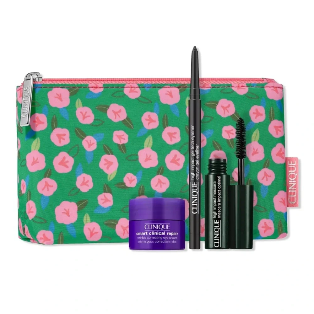 NWT Clinique Green and Pink Floral Cosmetic Set with Eye Beauty Products
